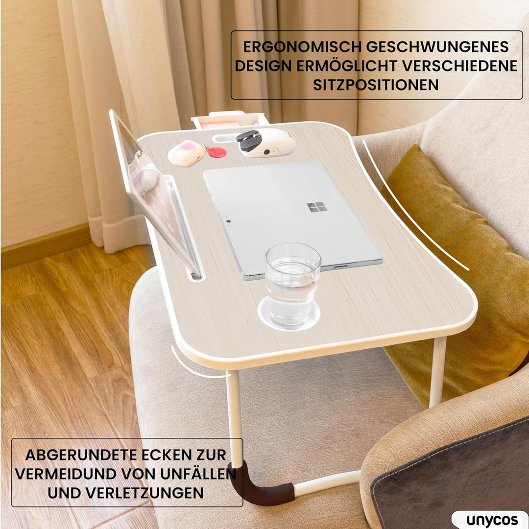 unycos - Betttablett Klappbar, Frühstückstablett mit Griff und Getränkehalter, Serviertisch, Ideal f