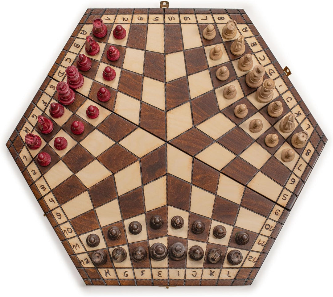 Husaria Holz-Schachspiel-Set für DREI Spieler – 54 Zentimeter - mit Faltbarem Brett, Handgefertigten