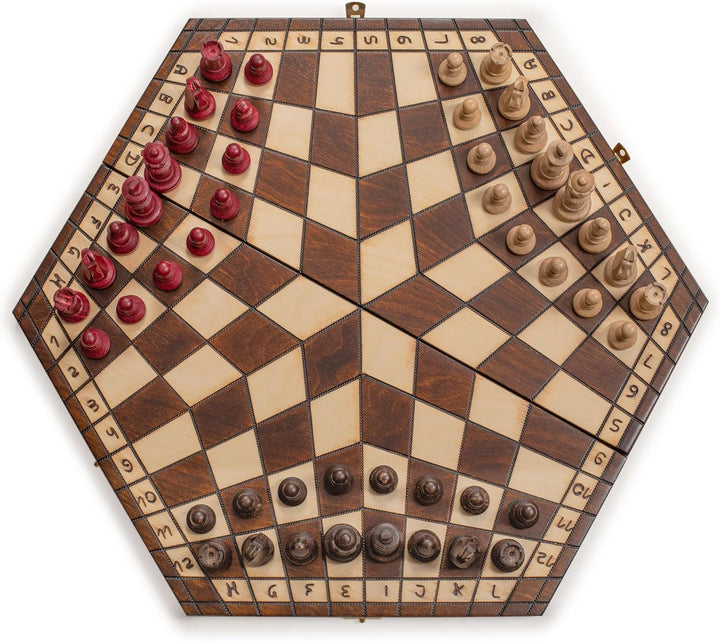 Husaria Holz-Schachspiel-Set für DREI Spieler – 54 Zentimeter - mit Faltbarem Brett, Handgefertigten