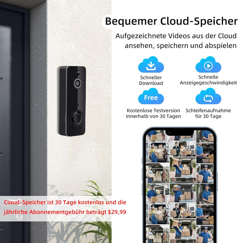 Tolesum WLAN Video Türklingel mit Kamera, Kabellose WiFi Türklingel mit Batterie, HD Video Doorbell