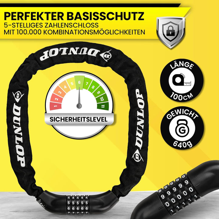 DUNLOP Fahrradschloss Zahlenschloss - Hohe Sicherheit - 100 cm -Sicherheitslevel-6 Schloss mit 5er Z