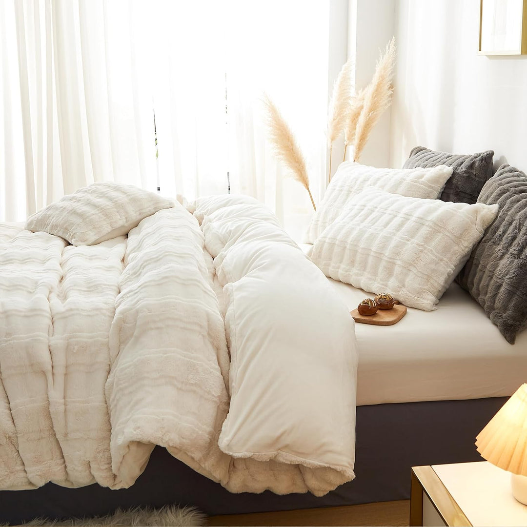Freyamy Plüsch Bettwäsche-Set 135x200 2tlg Fleece Cremefarben,Kuschelig Warm Bettwäsche Winter Kunst