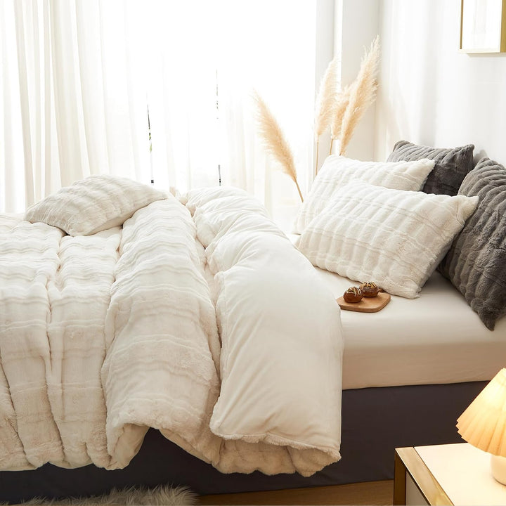 Freyamy Plüsch Bettwäsche-Set 135x200 2tlg Fleece Cremefarben,Kuschelig Warm Bettwäsche Winter Kunst