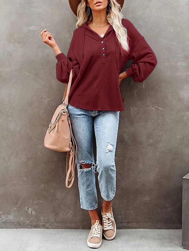 VIGVAN Kapuzenpullover Damen Hoodie Langarm V-Ausschnitt Pullover Knopfleiste Henley Sweatshirt mit