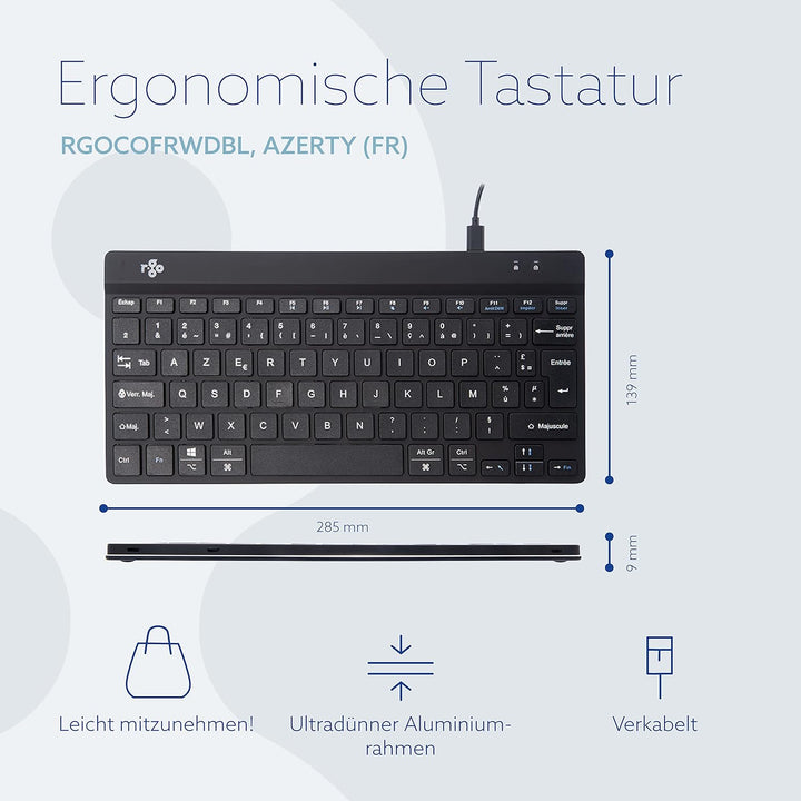 R-Go Compact Break Tastatur, AZERTY FR Layout, Mit Pausenanzeige, Ergonomische flaches Design, Kabel