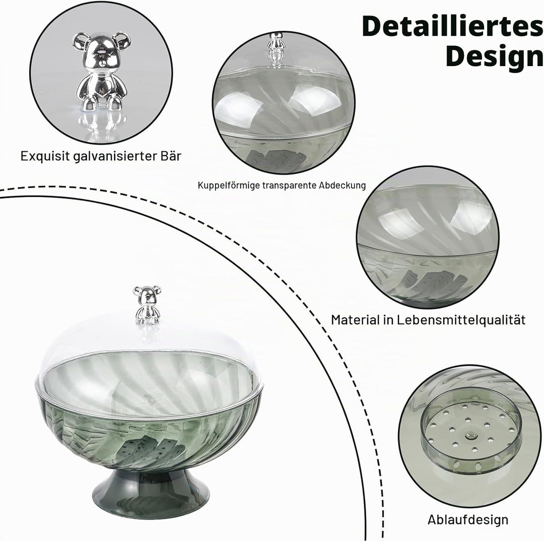Obstschale mit Deckel und Abtropfeinsatz – Kunststoff Fruchtschale mit Fuss für Tischdeko, Snackscha