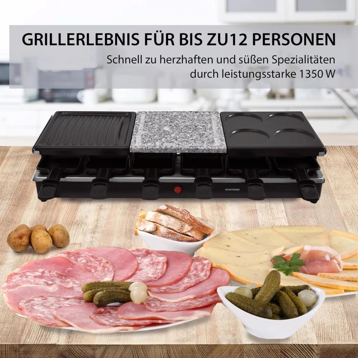 Syntrox Raclette Grill 12 Personen, 1350W Multifunktion 4-in-1 mit Heisser Stein Grillplatte Pancake