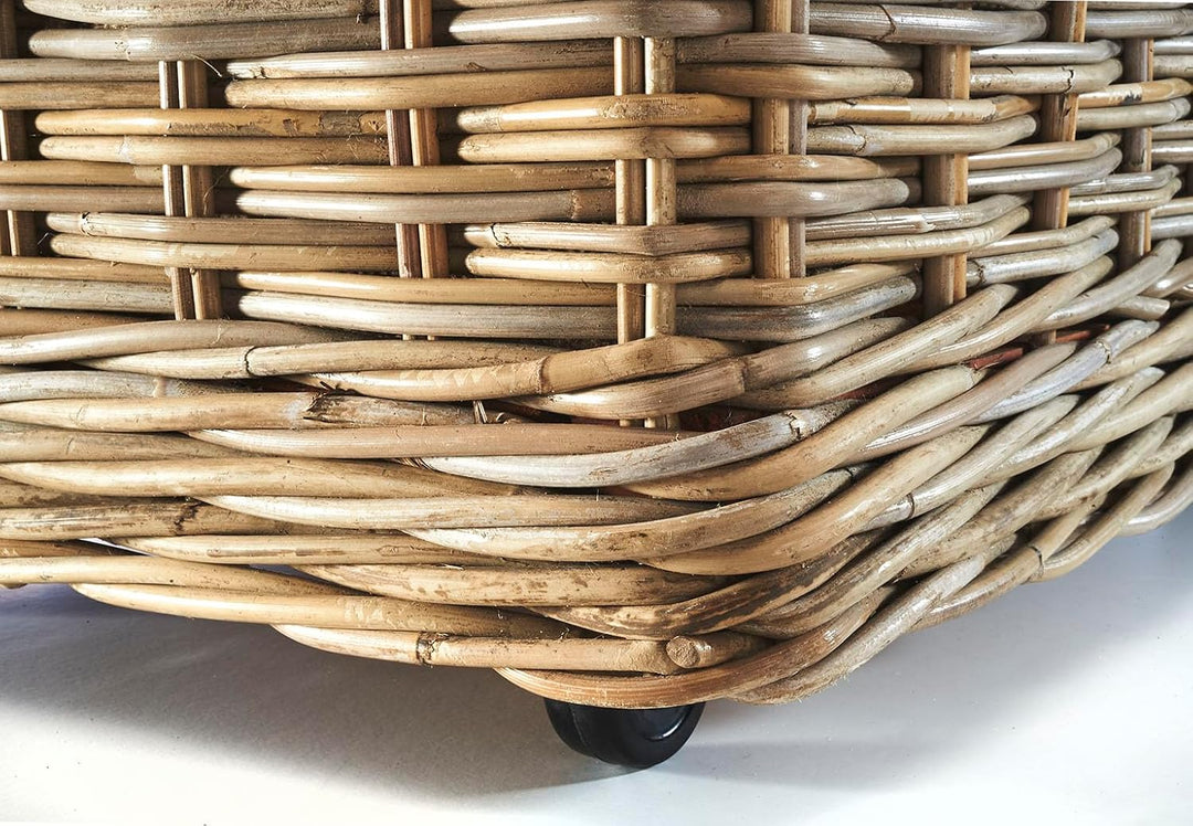 Kobolo Kaminholzwagen mit Rollen Holzkorb für Kaminholz - Rattan - mit Innenfutter aus Leinen