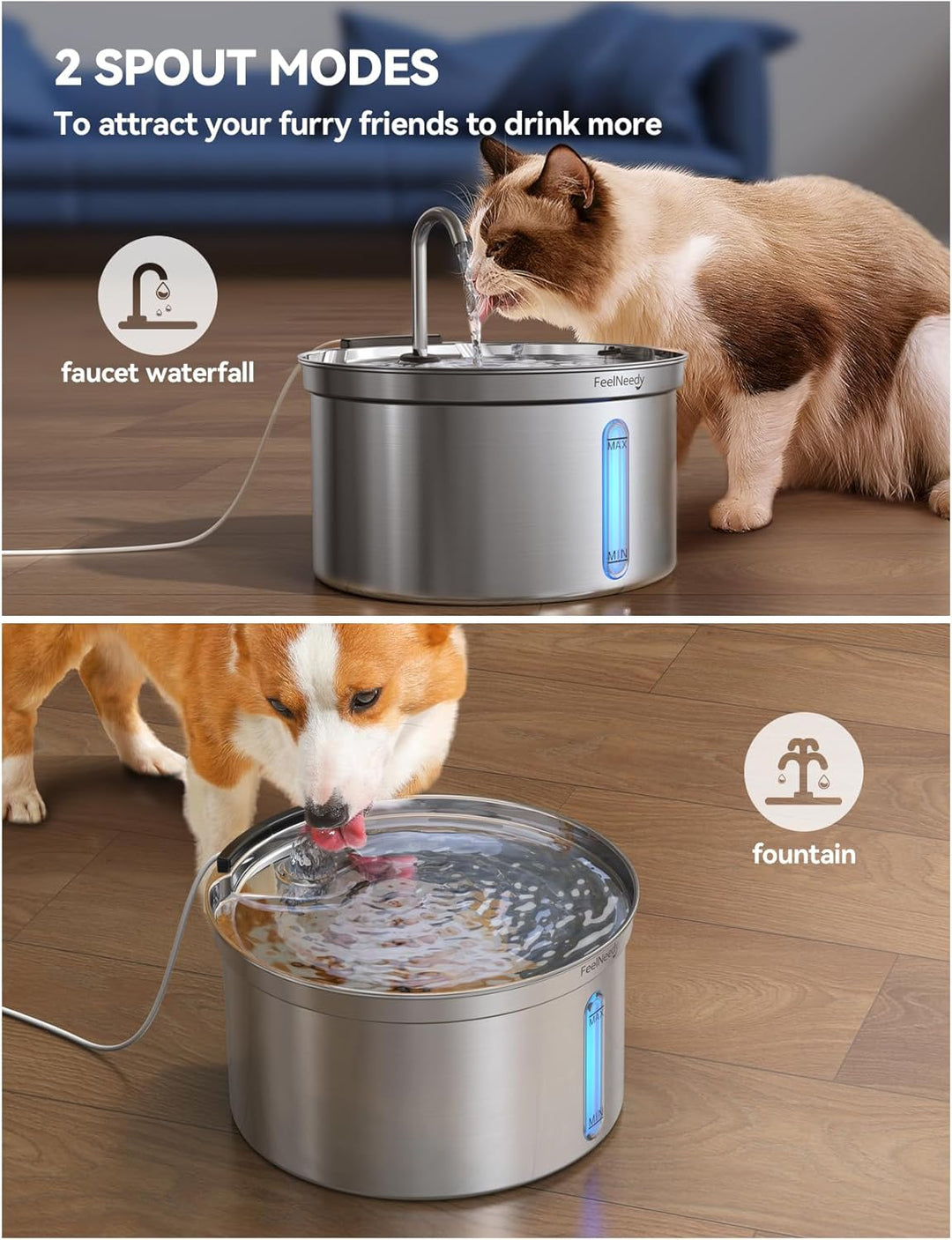 FEELNEEDY Katzenbrunnen Edelstahl 3,5L Trinkbrunnen Für Katze Mit 6 Filters und USB Ladegerät, Wasse