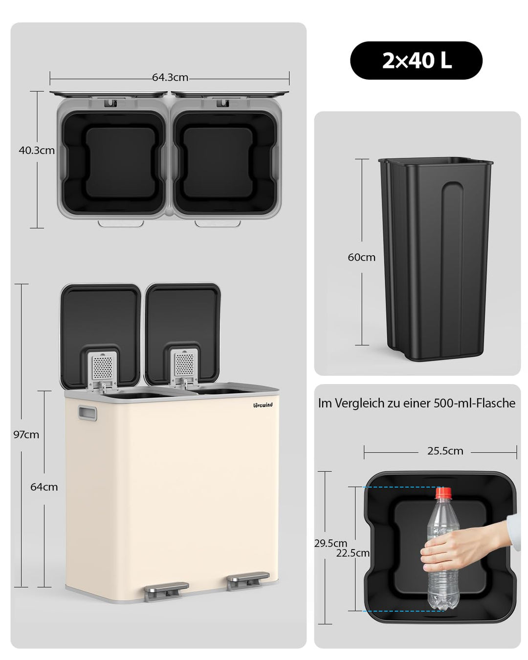 lovewind Mülleimer, 2 x 40L Mülleimer Küche,Doppeleimer für Recycling und Abfall,Soft Beige,Mülleime
