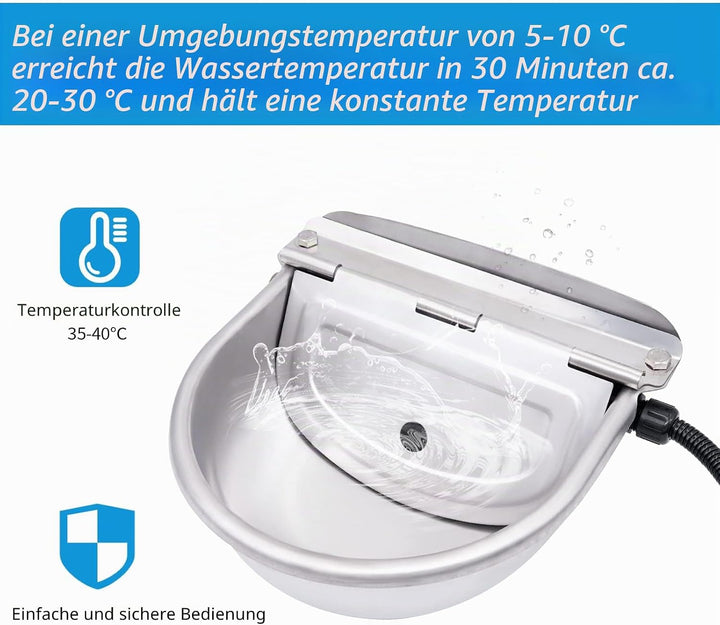 Automatisch beheizter Edelstahl-Wassernapf mit Schwimmerventil, Thermo-Wassertrog für Vieh, Rinder,