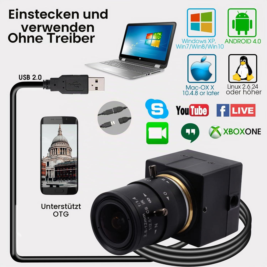 Svpro 5 MP USB-Kamera mit Zoom 2,8-12 mm Objektiv, Hochauflösende 2952 x 1944 Weitwinkel-Webcam Bren