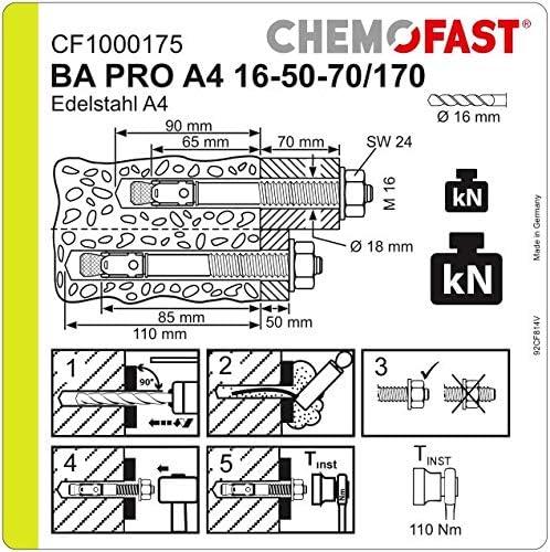 CHEMOFAST BA PRO A4, 10xSchwerlastanker M16-50-70/170, Bolzenanker Edelstahl, Mechanischer Schwerlas