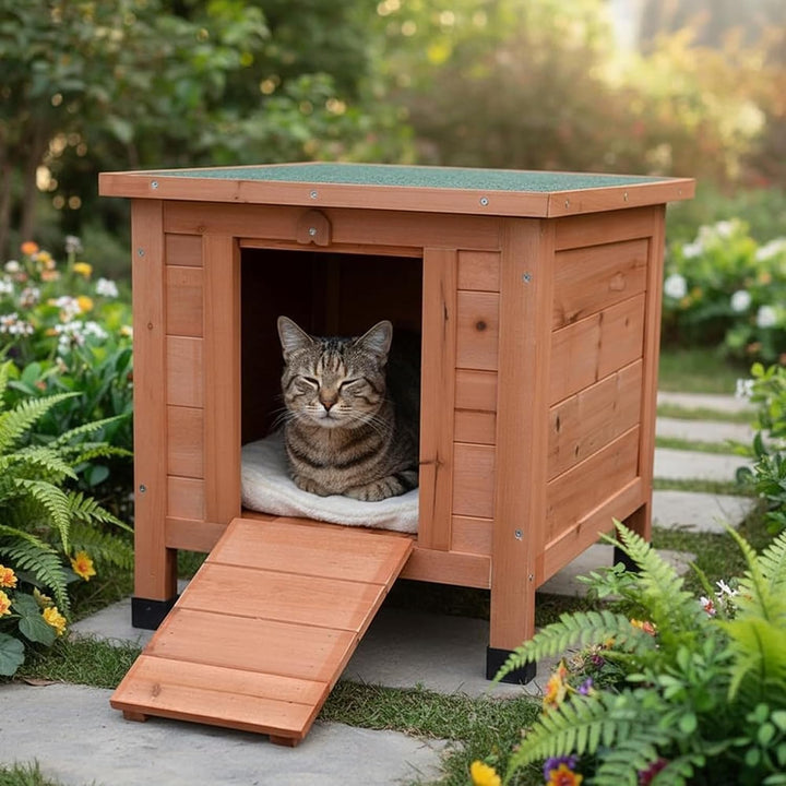 Mucola Wetterfestes Holz Katzenhaus Outdoor | 42x43x50 cm Tierhaus mit Klappdach, Rampe, Fichtenholz