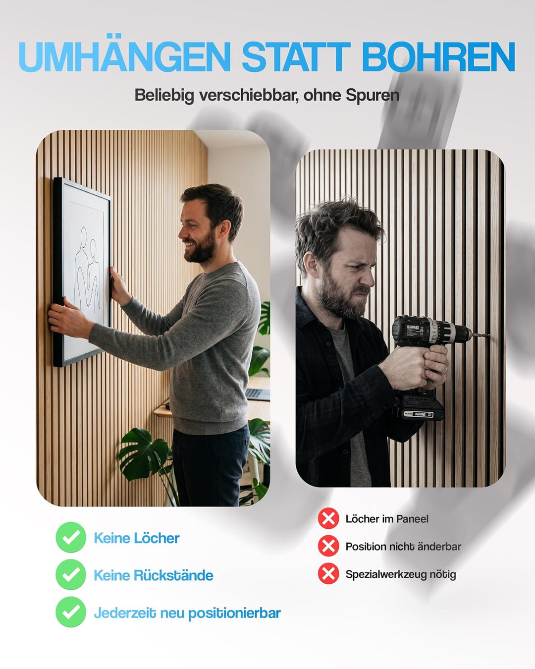 Akustikpaneele Zubehör [20er Set] – Ohne Bohren, verschiebbar, keine Rückstände – 13mm Spalt – Haken