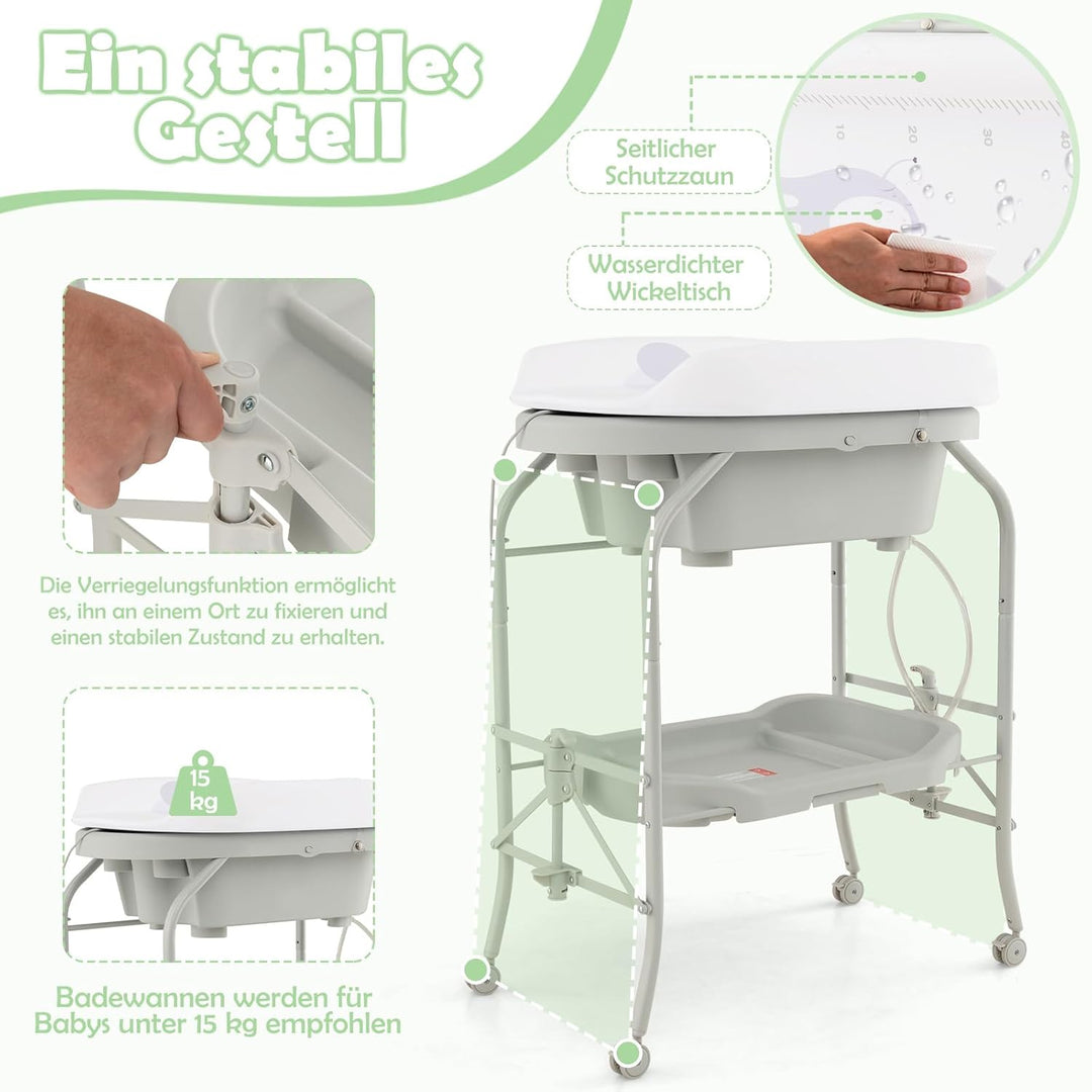 COSTWAY 4 in 1 Wickeltisch klappbar mit Badewanne, tragbare Wickelkommode mit Wickelauflage, mobile