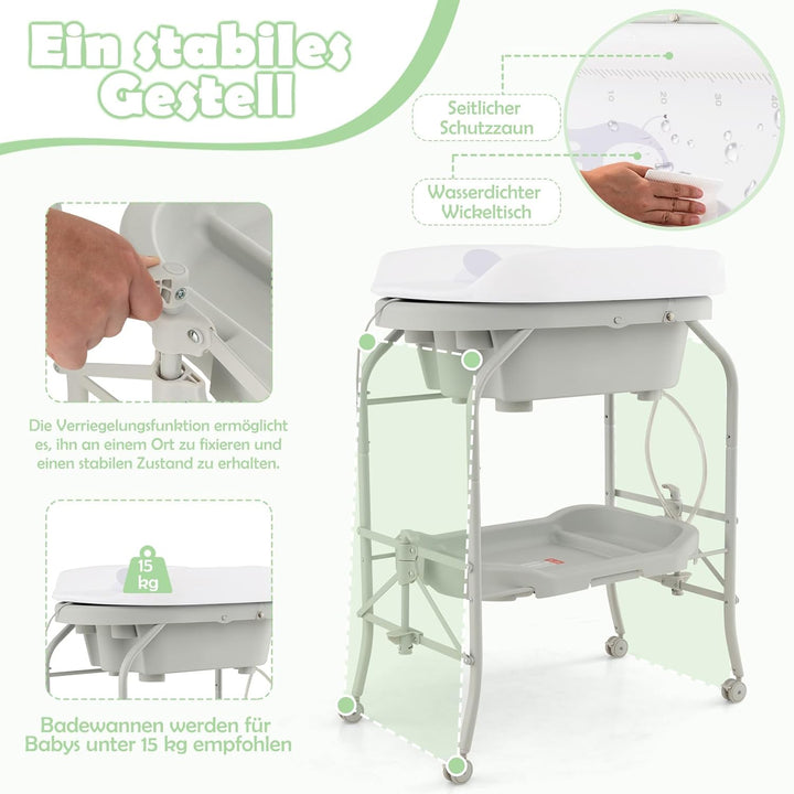 COSTWAY 4 in 1 Wickeltisch klappbar mit Badewanne, tragbare Wickelkommode mit Wickelauflage, mobile