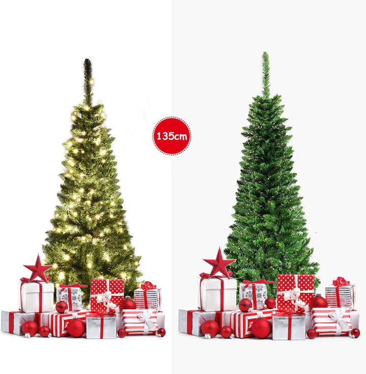 COSTWAY 135/200/225cm Bleistift Weihnachtsbaum mit warmweissen LED-Leuchten, künstlicher Tannenbaum