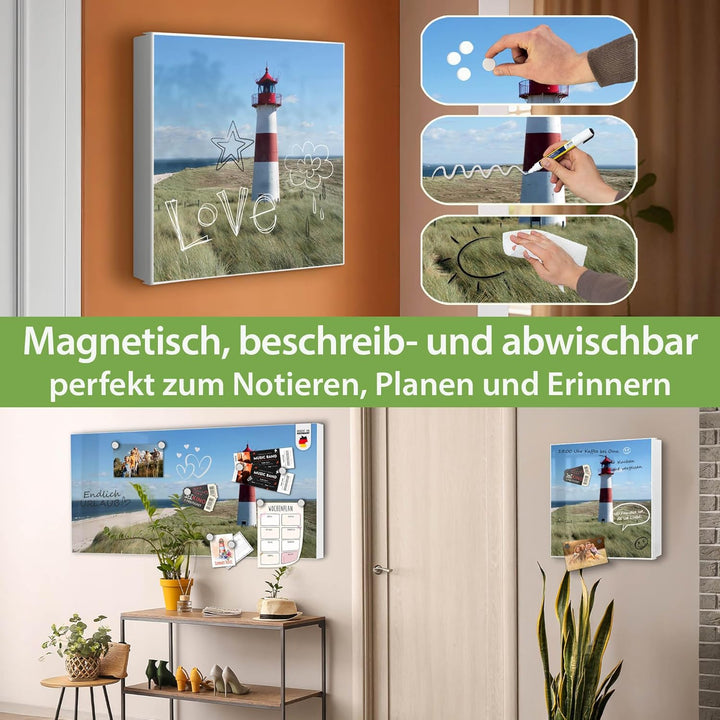 banjado® Grosser Schlüsselkasten Glas/Schlüsselbox 30cm x 30cm mit 50 Haken - Motiv Leuchtturm/Schlü