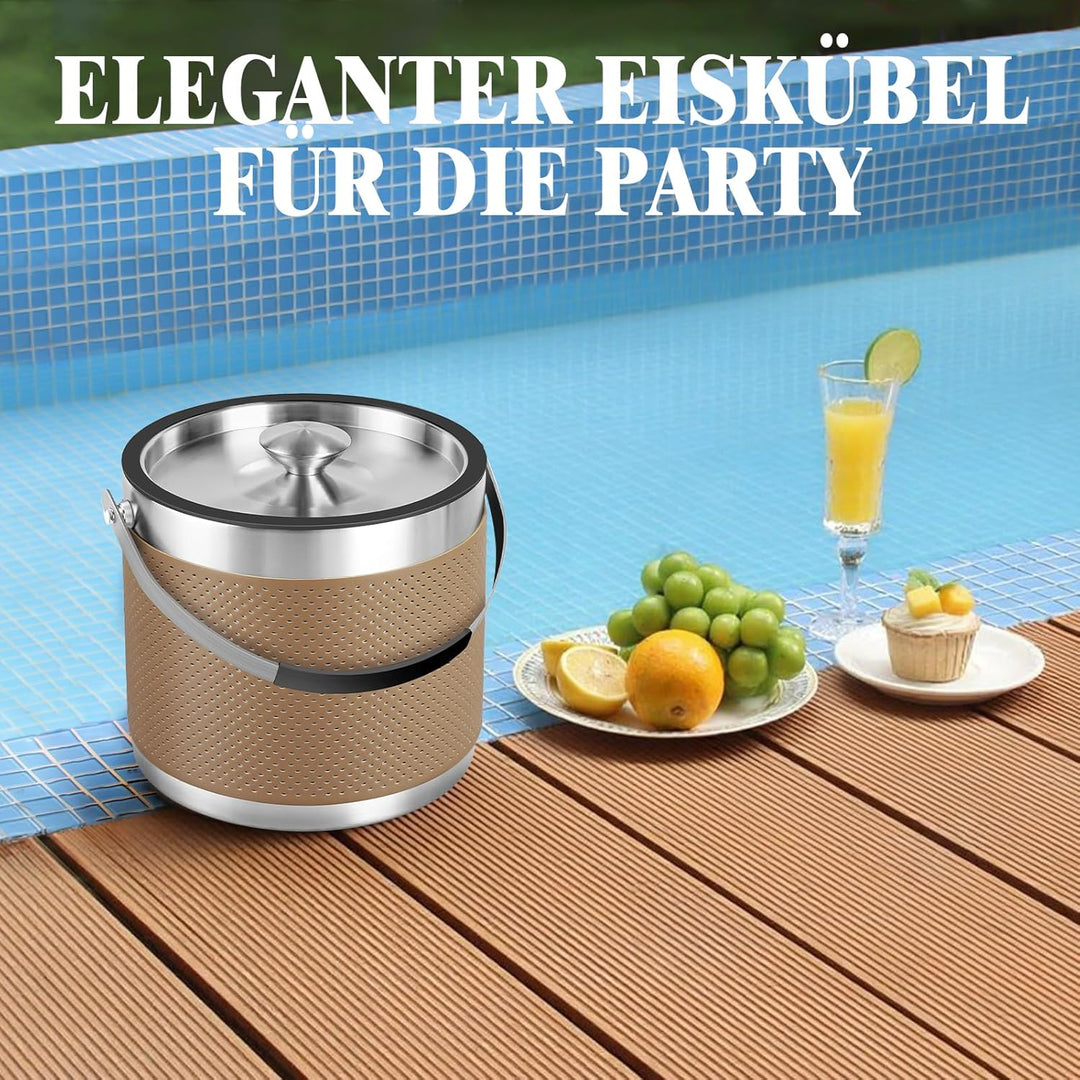 3.2L Eiswürfelbehälter mit Deckel und Schaufel, Upgrade Lederdesign Edelstahl Eiskübel, Doppelwandig