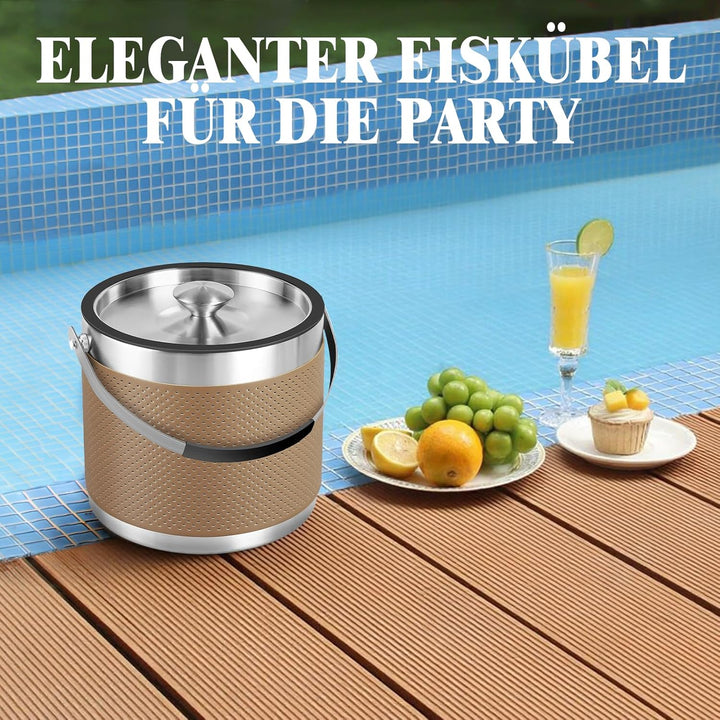 3.2L Eiswürfelbehälter mit Deckel und Schaufel, Upgrade Lederdesign Edelstahl Eiskübel, Doppelwandig