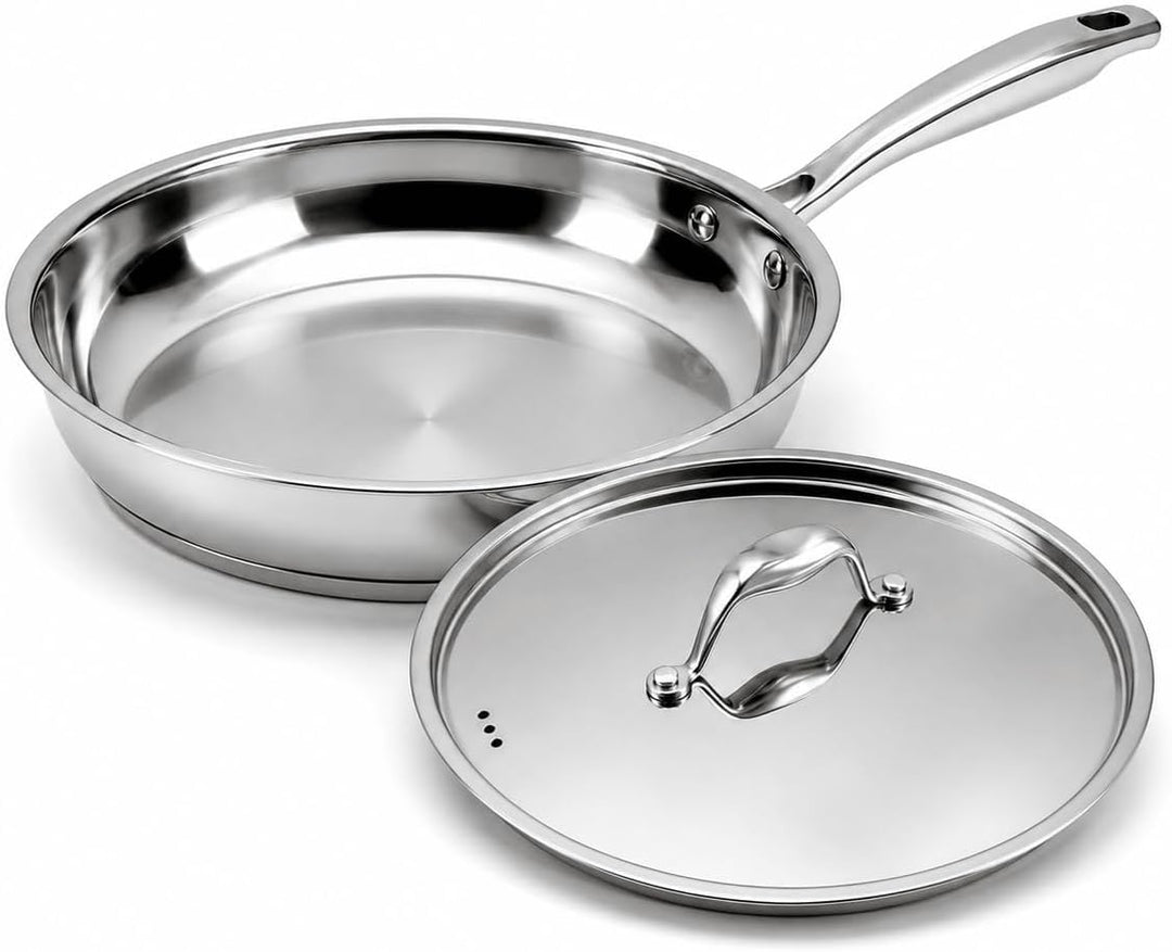Edelstahlpfanne Unbeschichtet 28 cm mit Edelstahldeckel | 7 mm 3‑lagiger Boden, für Alle Herdarten G