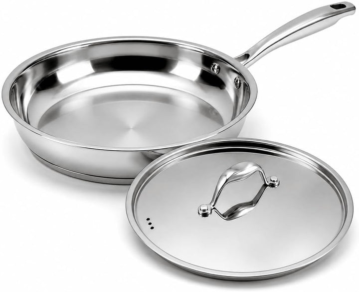 Edelstahlpfanne Unbeschichtet 28 cm mit Edelstahldeckel | 7 mm 3‑lagiger Boden, für Alle Herdarten G