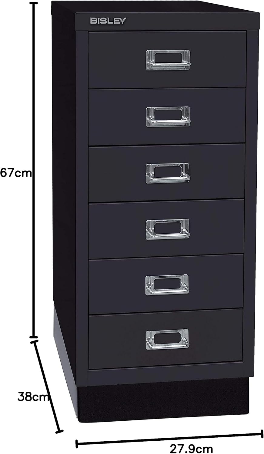BISLEY MultiDrawer, 29er Serie mit Sockel, DIN A4, 6 Schubladen, Metall, 633 Schwarz, 38 x 27.9 x 67