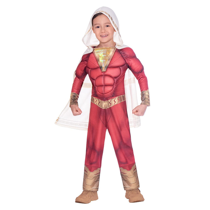 Amscan - Kinderkostüm Shazam, Overall mit gepolsterter Brust, Kapuzenumhang, DC Super Heroes, Motto-