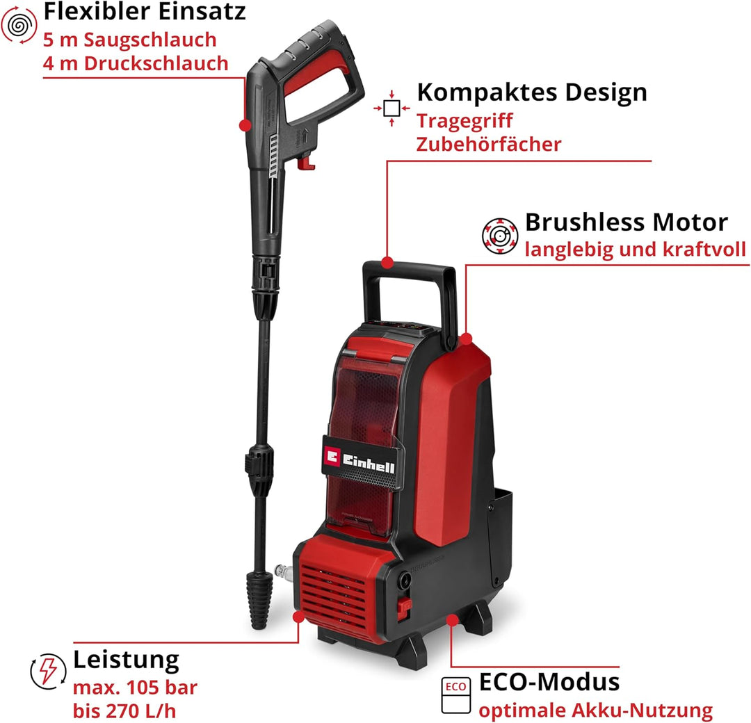 Einhell Akku-Hochdruckreiniger HYPRESSO 36/105 Power X-Change (36 V, 105 bar, 270 L/h, 4 m Hochdruck