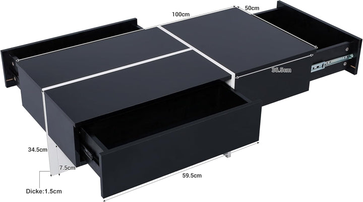 Merax Moderner LED Couchtisch, Wohnzimmertisch mit 3 Schubladen, Hochglänzender Couchtisch, schwarz-