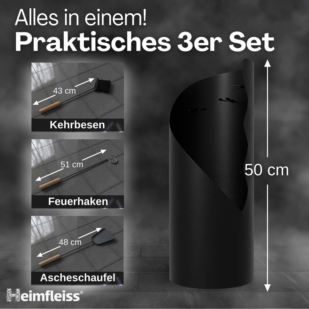 Kaminbesteck Schwarz Modern | Kaminzubehör mit Holzgriffen | Ofenbesteck Kaminbesteck Set | Hochwert