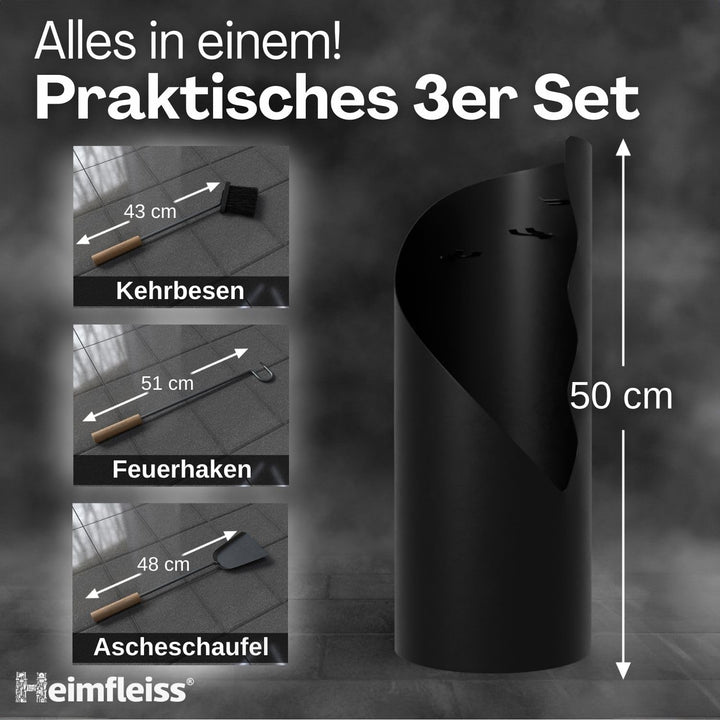 Kaminbesteck Schwarz Modern | Kaminzubehör mit Holzgriffen | Ofenbesteck Kaminbesteck Set | Hochwert