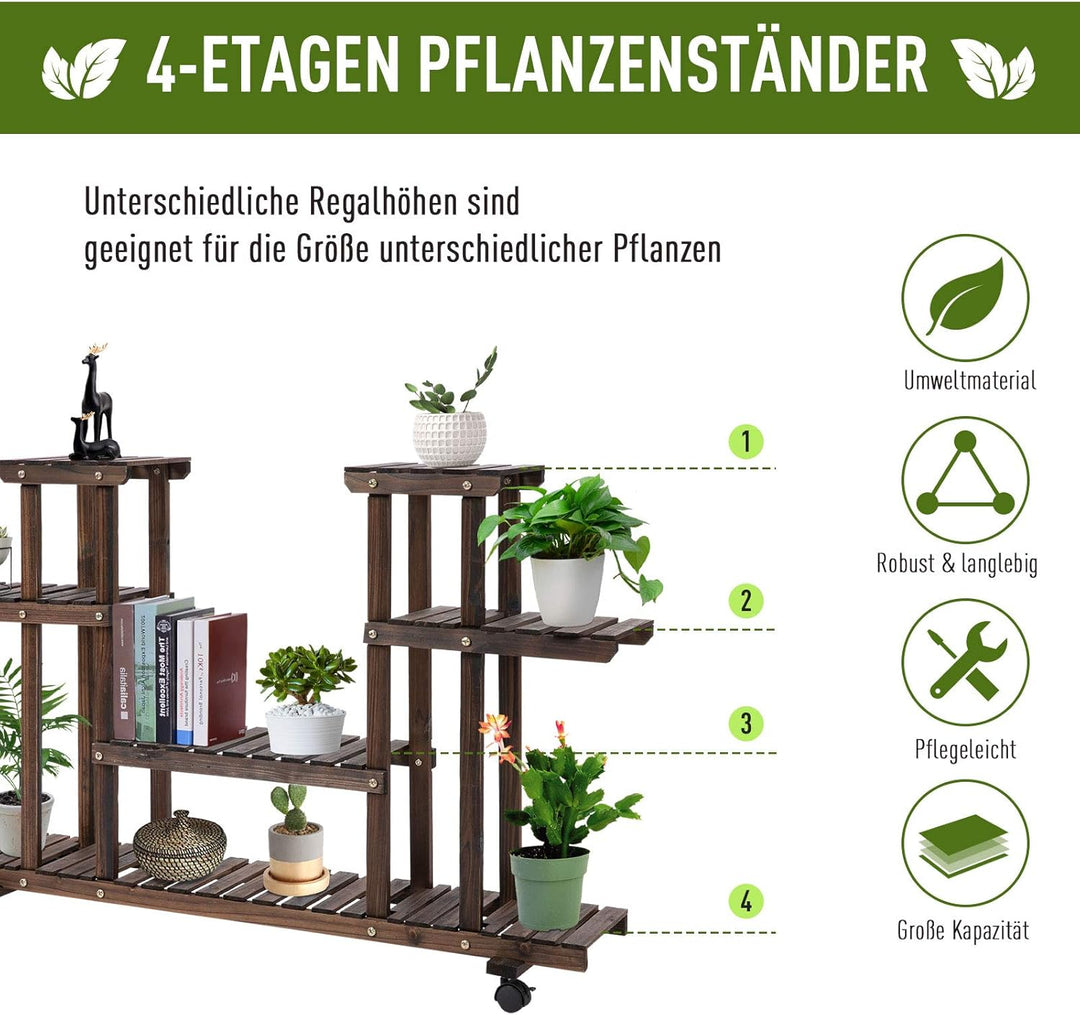 Outsunny Blumenständer, Pflanzenregal, Vierstufiges Blumenregal, Blumentreppe, Massivholz, Verkohlt,