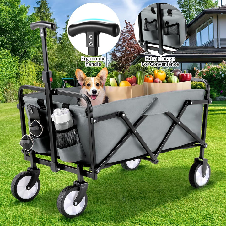 Bollerwagen Faltbar Handwagen All Terrain Räder, Gartenwagen mit Getränkehalter verstellbarem Griff,