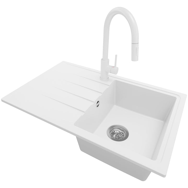 Granitspüle Weiss 78x50 cm, Spülbecken + Ablauf-Set + Küchenarmatur 9000, Küchenspüle für 45er Unter