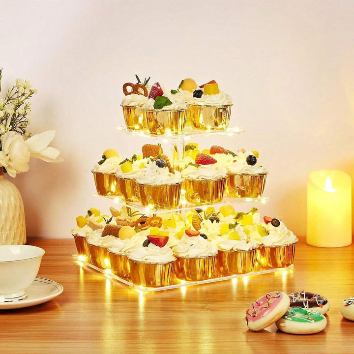 3 Etagen Cupcake Ständer, Gelb LED Lichterkette de Tortenständer Acryl für Hochzeit, Party, Geburtst