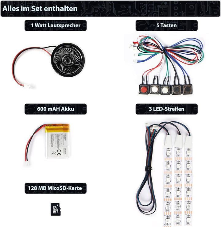 MP3 Soundmodul mit 5 Tasten und bis zu 3 LED-Streifen – 5 Wiedergabemodi, 4 LED-Effekte, USB-C, 128M