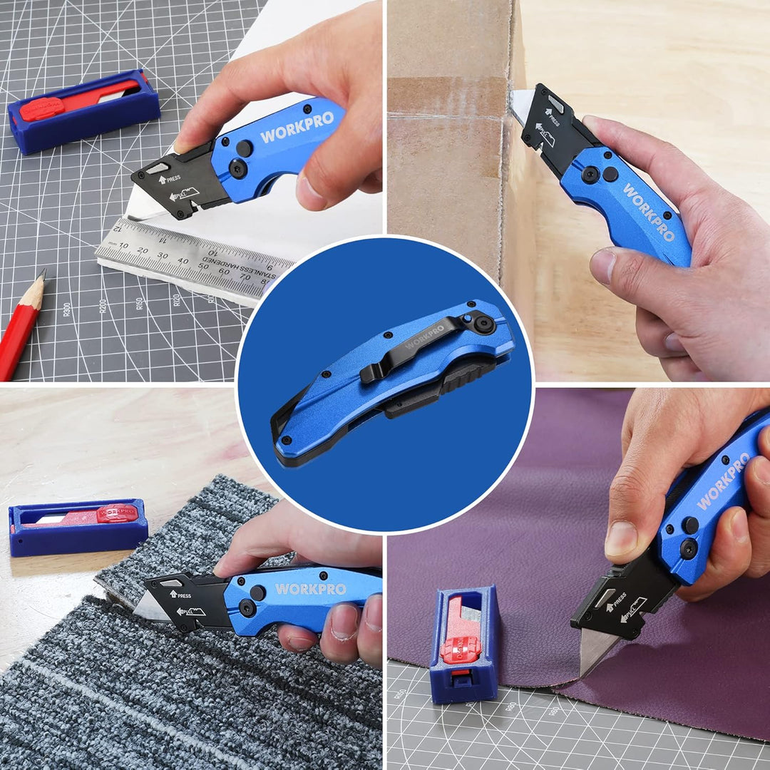 WORKPRO Klappbares Teppichmesser, Schweres Universalmesser aus Vollmetall, Schnellwechselklinge Cutt