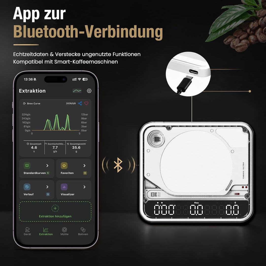 BOOKOO Kaffeewaage mit Timer, 0,1 g hochpräzise Espresso Waage, 2 kg, 4 Modi, Bluetooth-App & Flow R