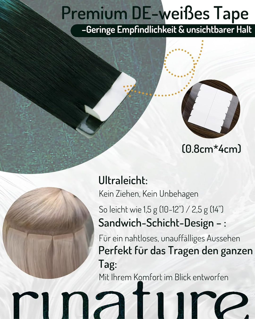 RUNATURE Extensions Echthaar Tape Schwarz Ombre Grun 55cm 20pcs Bunt Haarverlangerung Invisible Haar