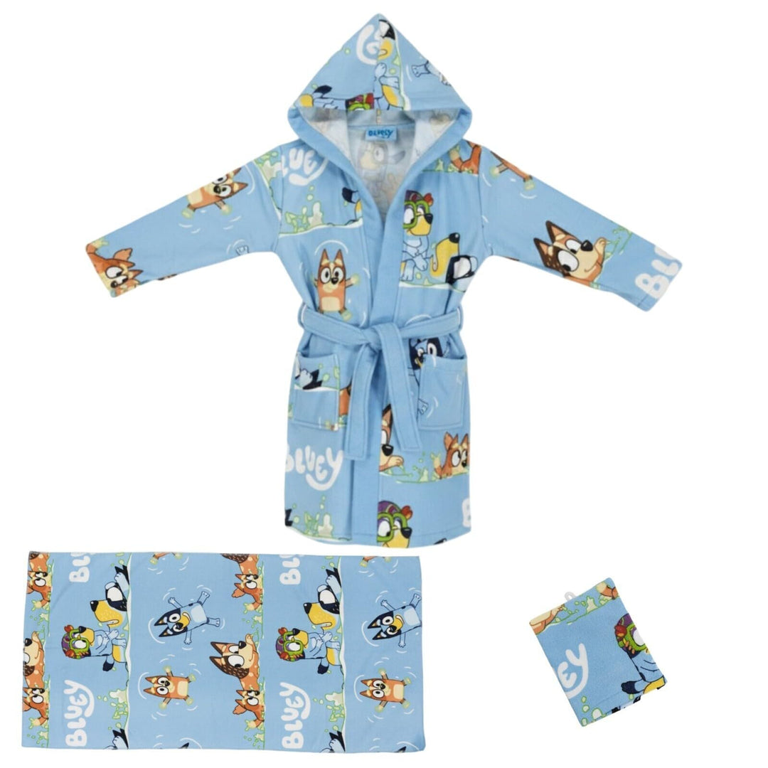 Aymax Bluey & Bingo Kinder Bade-Set 3-tlg. – Bademantel mit Kapuze & Gürtel + Handtuch + Waschhandsc