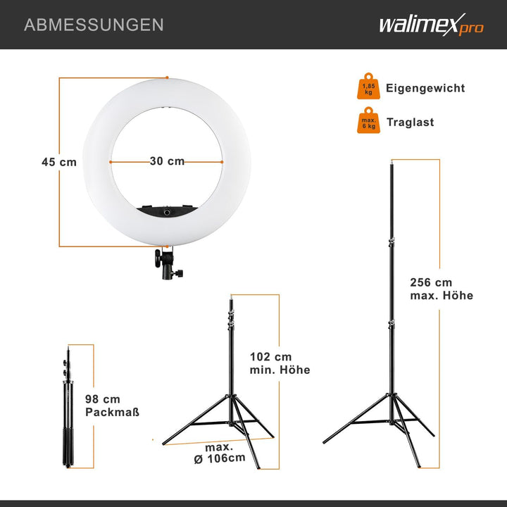 Walimex pro dimmbares LED Ringlicht mit Stativ & 2 Akkus und Ladegerät I Medow 960 Pro Bi Color I 96