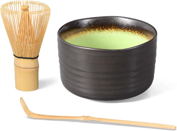 Matcha-Set 3-teilig, anthrazit/grün, bestehend aus Matcha-Schale, Matcha-löffel und Matcha-Besen (Ba