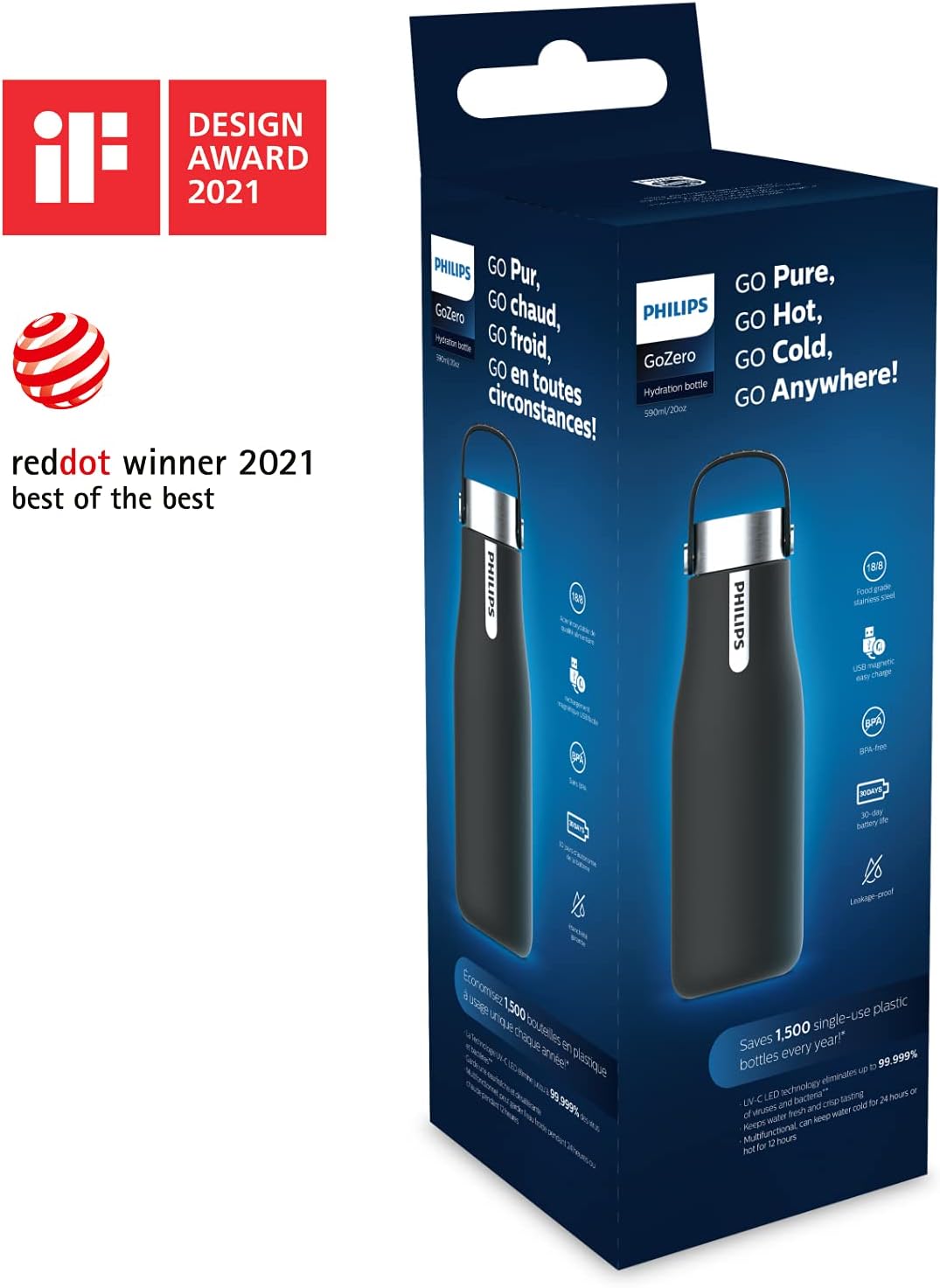 Philips Go Zero Smart UV schwarz gross | Anwendbare Wassertemperatur: 4'C - 60'C | 5V, Schwarz