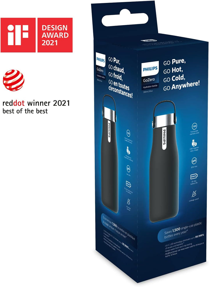 Philips Go Zero Smart UV schwarz gross | Anwendbare Wassertemperatur: 4'C - 60'C | 5V, Schwarz