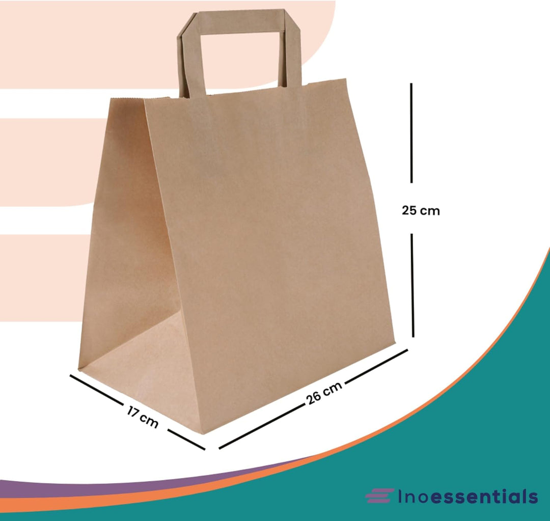 Inoverse 250 Stück Papiertragetaschen, Geschenktüten, 26+17x25 cm Papiertüten mit Henkel, Braun Kraf