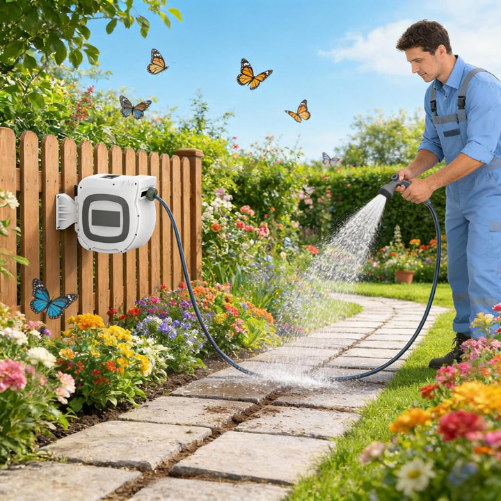 HENGMEI Schlauchtrommel Wasser 30+2m Wandmontage Schlauchaufroller Garten Schlauchbox mit Automatik-