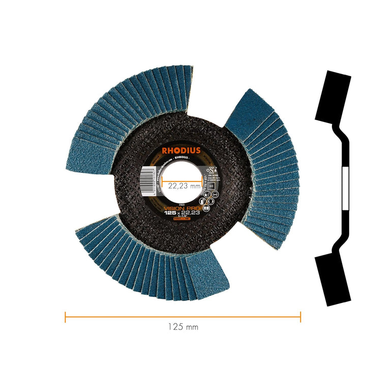 RHODIUS VISION PRO, 5 Stück Ø 125 mm K40 Fächerscheiben durchsichtig, Metall Edelstahl Stahl INOX, f