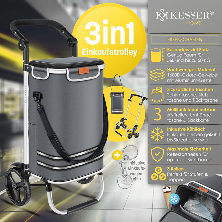 KESSER® Einkaufstrolley klappbar mit 56L Kapazität und belastbar bis 50kg | 3in1 Trolley Sackkarre &amp;